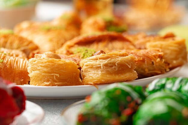 Turkish baklava dessert with honey close up