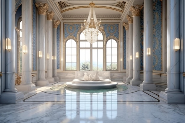 Интерьер турецкой бани, роскошная архитектура, мраморная стена и пол, Генеративный AI