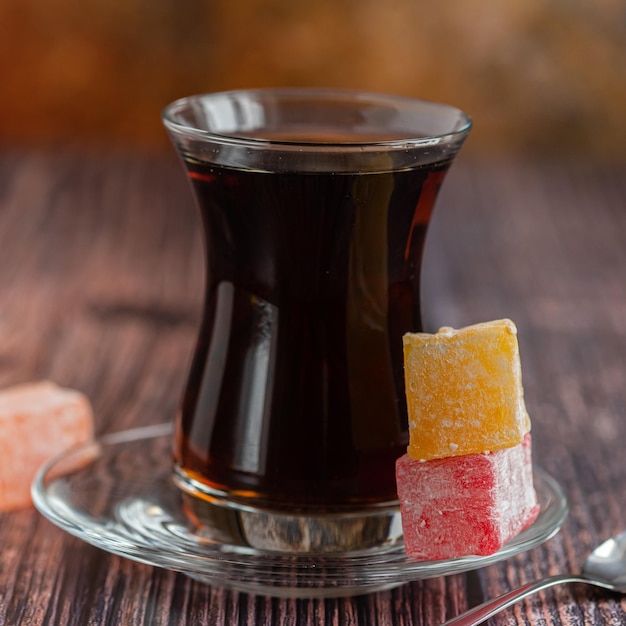 Turkish black tea in traditional tea glass Close up