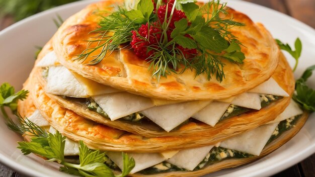 Turkish borek served with herbs