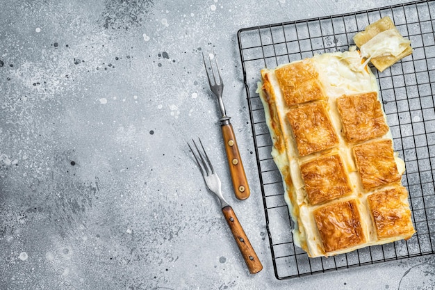 Formaggio turco ripieno di pasta fillo borek o su boregi sfondo grigio vista dall'alto spazio di copia