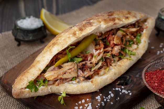 Turkish chicken doner sandwich. Fast food.