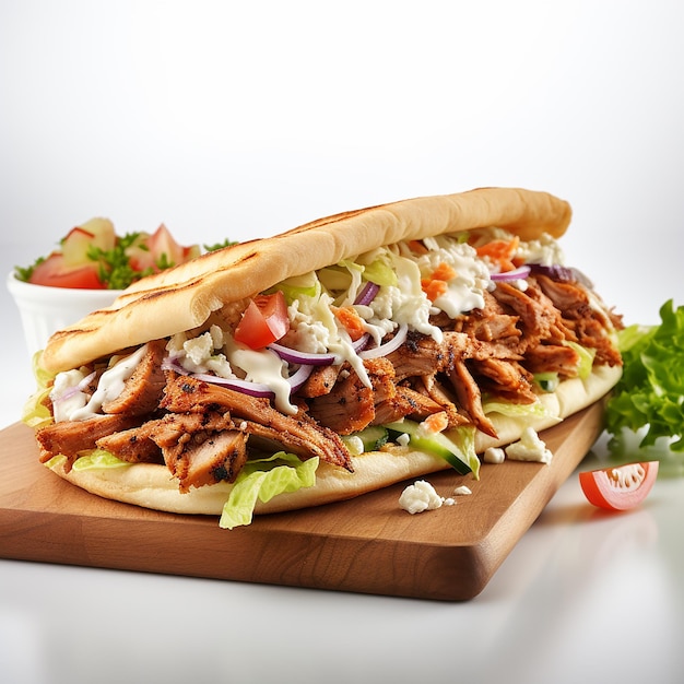 Turkish Chicken Doner Sandwich with pide on white background fast food concept