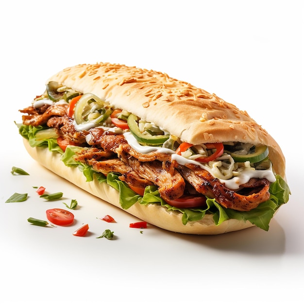 Turkish Chicken Doner Sandwich with pide on white background fast food concept