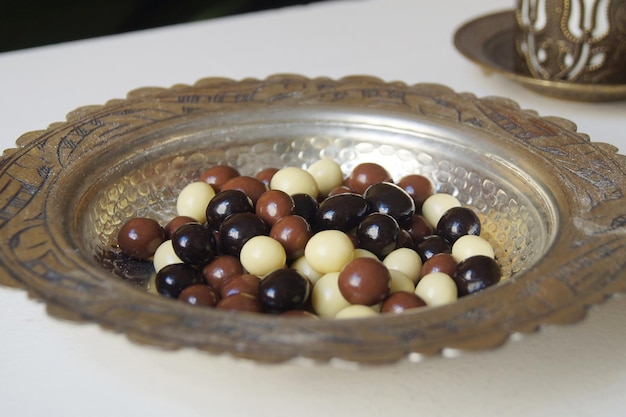 Turkish chocolate bonbons on a silver tray.