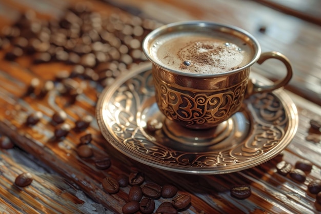写真 トルコ コーヒー 銅製のコーヒー ツルコ ツルク コーヒーは木製の表面に散らばっています