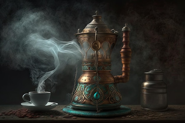 Turkish coffee maker with steam rising from the heated water and grounds