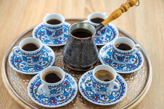 Turkish coffee many cups on the table Selective focus Drink