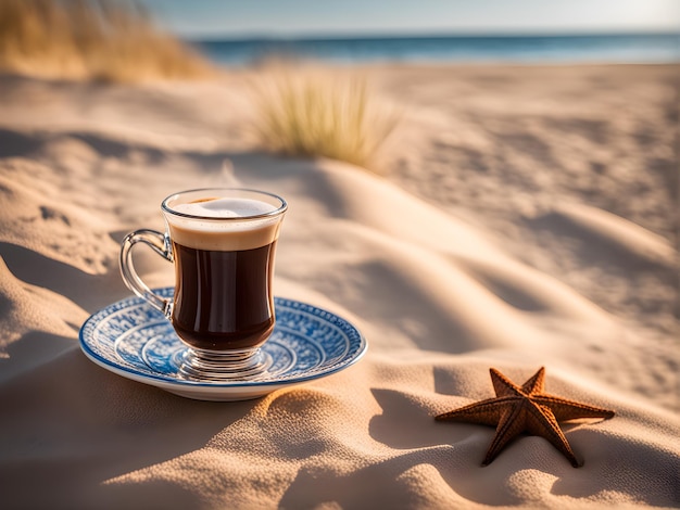 Foto caffè turco sulla sabbia su uno sfondo soleggiato