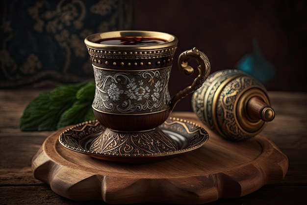 Turkish coffee served in traditional wooden cup with ornate handle