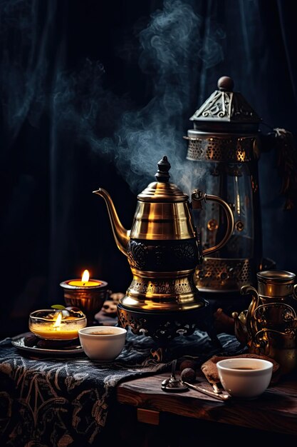 Turkish coffee set over dark moody background