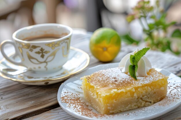 Turkish coffee and Traditional Turkish dessert in plate on wooden table