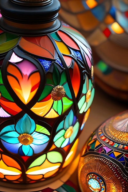 Lampada turca in vetro colorato a mosaico da vicino