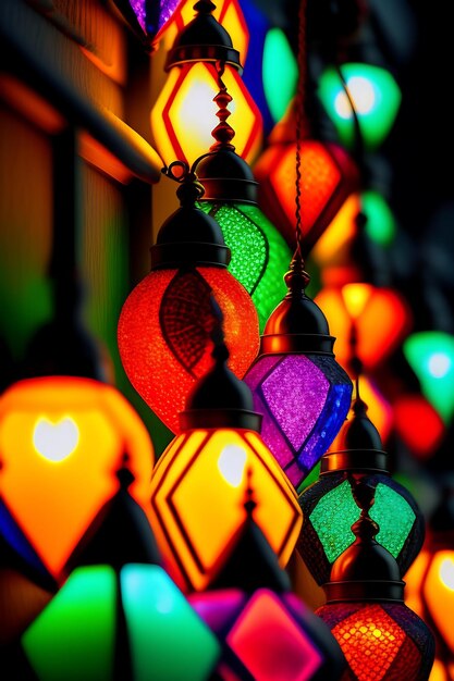 Turkish colorful mosaic glass lamps close up