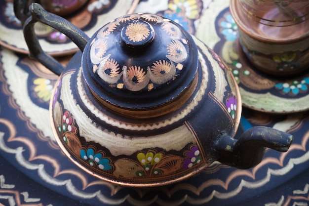 Turkish copper painted teapot and cup