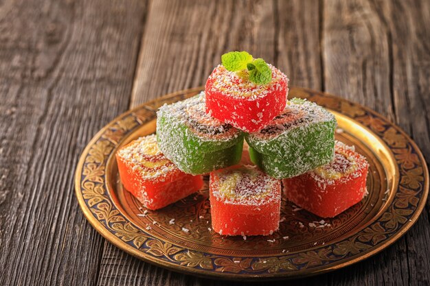 Turkish delight on dark wooden background,