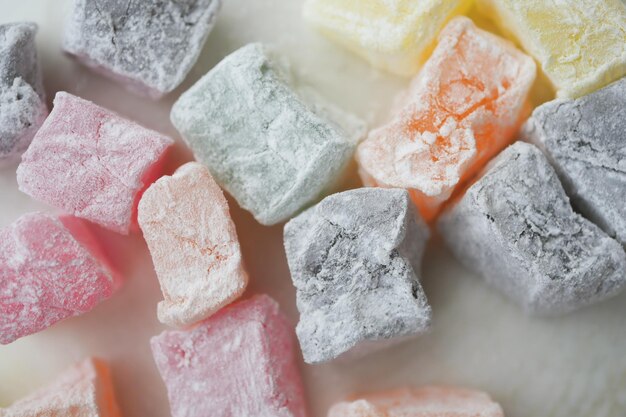 Turkish delight or lokum of red green orange and yellow colors