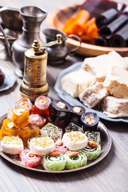 Turkish delight lokum with nuts on metal plate