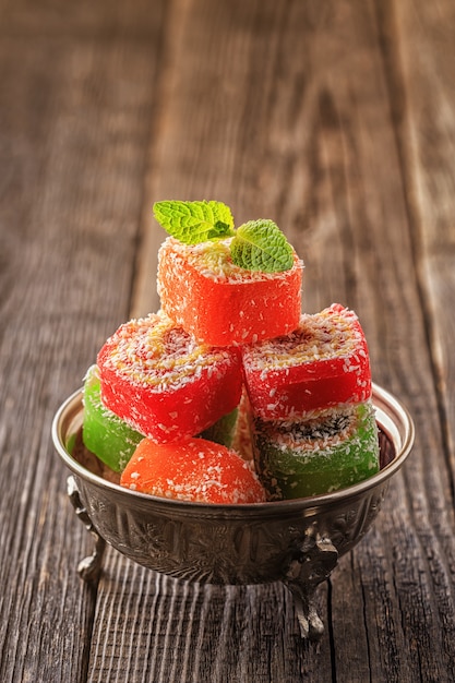 Turkish delight on a metallic bowl