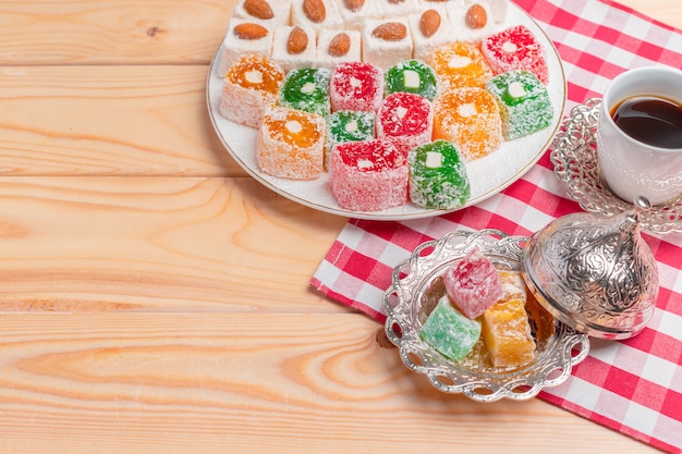 Turkish delight on a wooden table