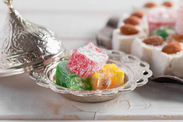 Turkish delight on a wooden table