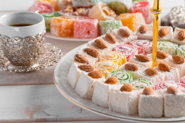 Turkish delight on a wooden table