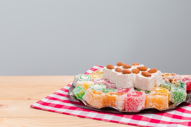 Turkish delight on a wooden table