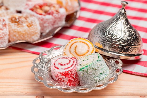 Turkish delight on a wooden table