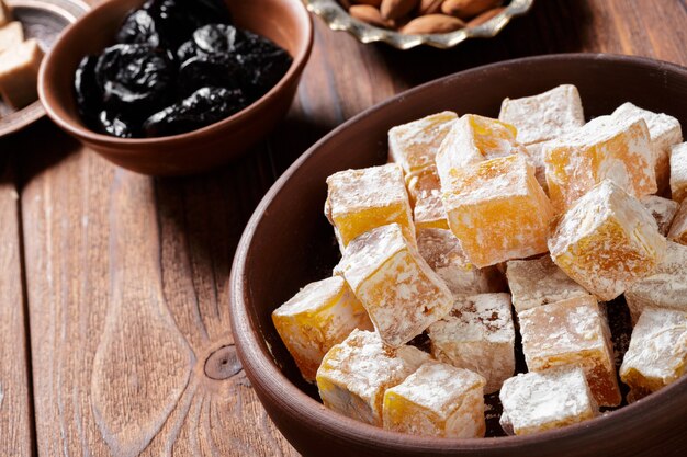 Turkish delight on a wooden table.