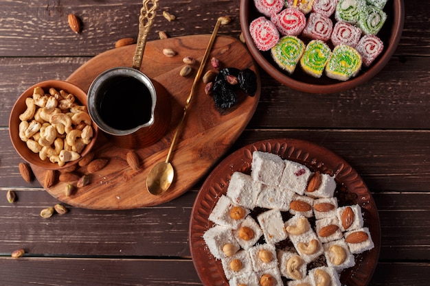 Turkish delight on a wooden table.