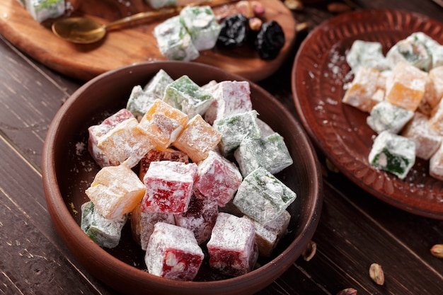 Turkish delight on a wooden table.