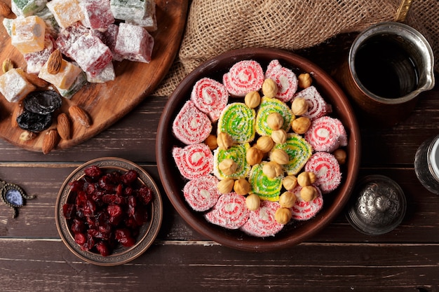 Turkish delight on a wooden table.