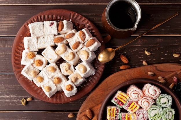 Turkish delight on a wooden table.