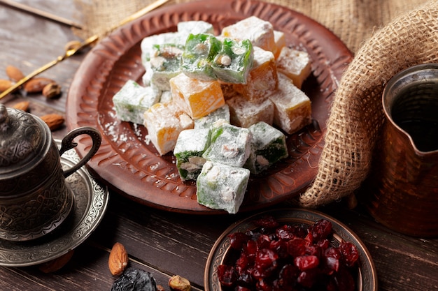 Turkish delight on a wooden table.