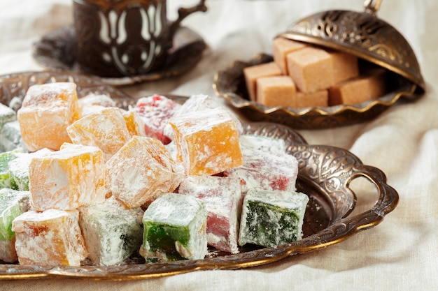 Turkish delight on a wooden table.