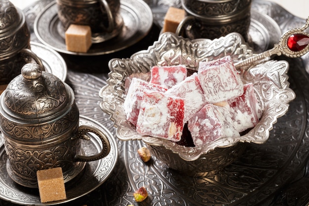 Turkish delight on a wooden table.