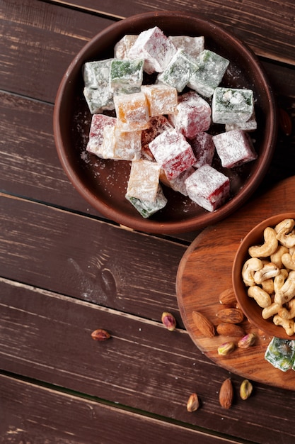 Turkish delight on a wooden table.