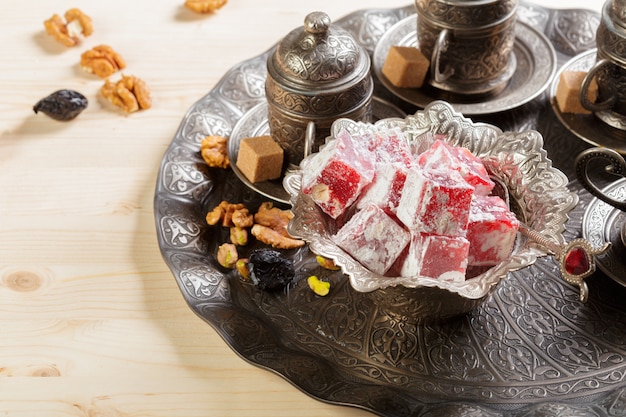 Turkish delight on a wooden table