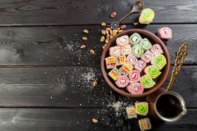 Turkish delight on a wooden table.