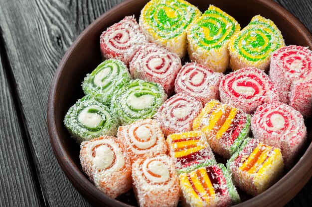 Turkish delight on a wooden table.