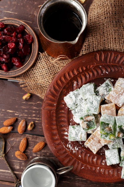 Turkish delight on a wooden table.