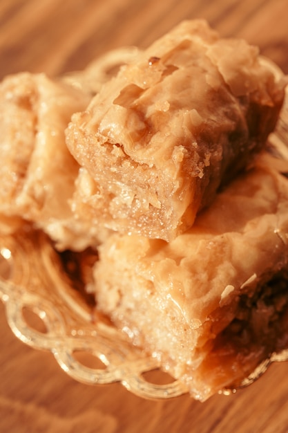 Turkish dessert baklava on wooden table