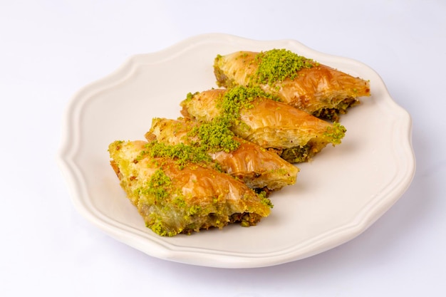 Turkish Dessert Sobiyet Baklava Turkish pistachio baklava on a white background Local name sobiyet baklava