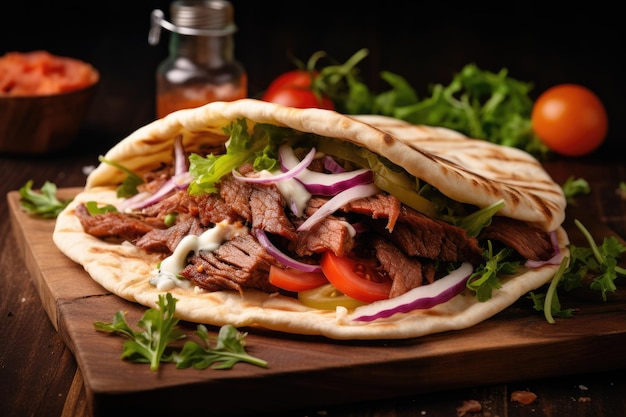 Turkish doner kebab on pita bread roasted meat from rotisserie served with salad on rustic paper and