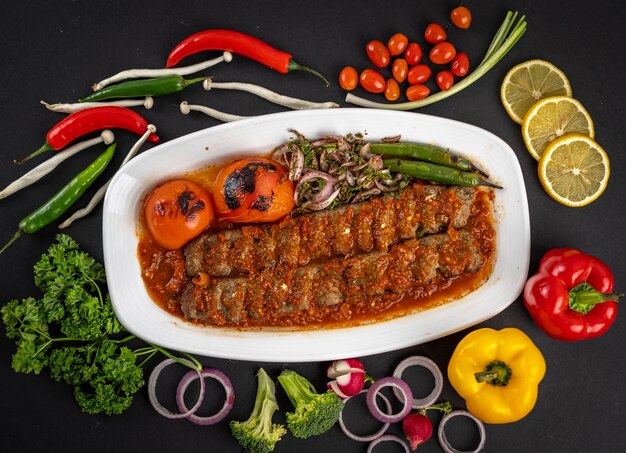 Photo turkish or eggplant kebab and saffron rice.