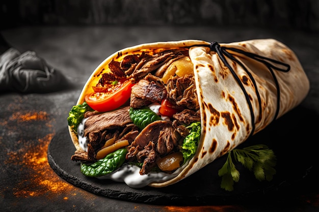 Turkish fast food delicious homemade shawarma with beef and vegetables