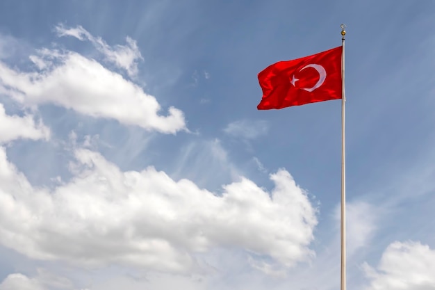 写真 トルコの旗と雲の青い空