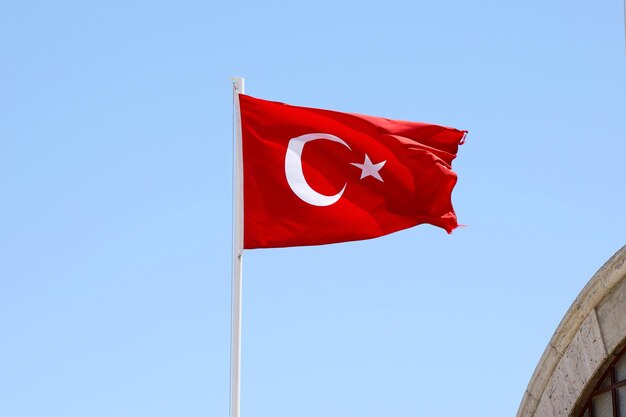 Turkish flag on flagpole waving in clean blue sky background