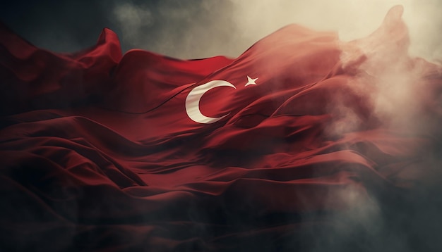 煙の中で舞い上がるトルコの国旗