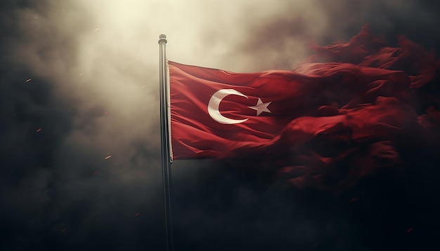 Turkish flag soaring in the smoke